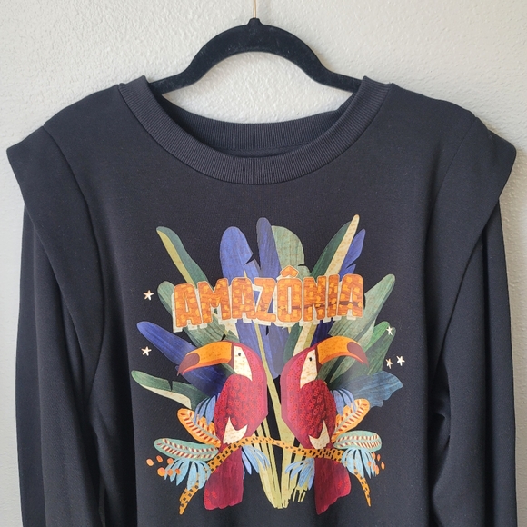 Farm Rio Amazonia Oversized Puff Shoulder Sweatshirt Dress, Size Small, Black - Picture 6 of 11